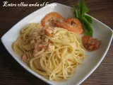 Receta Espaguetis con langostinos y salmón a la hierbabuena