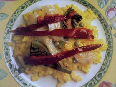 arroz con bacalao alcachofas y pimientos asados