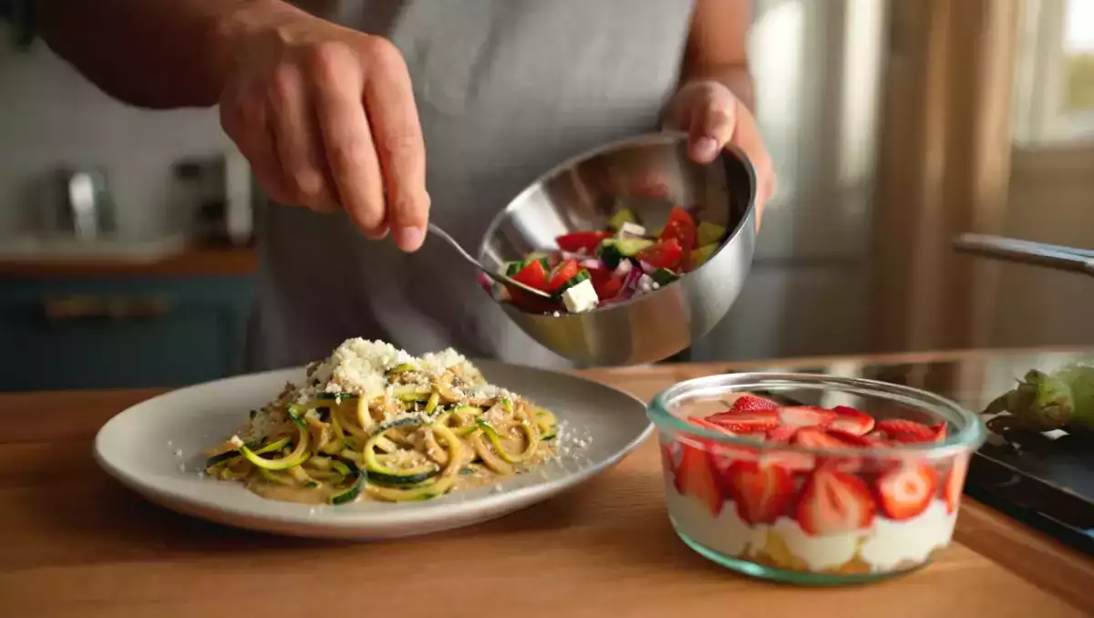 Menú diario, 1 de julio: ensalada griega, carbonara de calabacín y pavê de morango