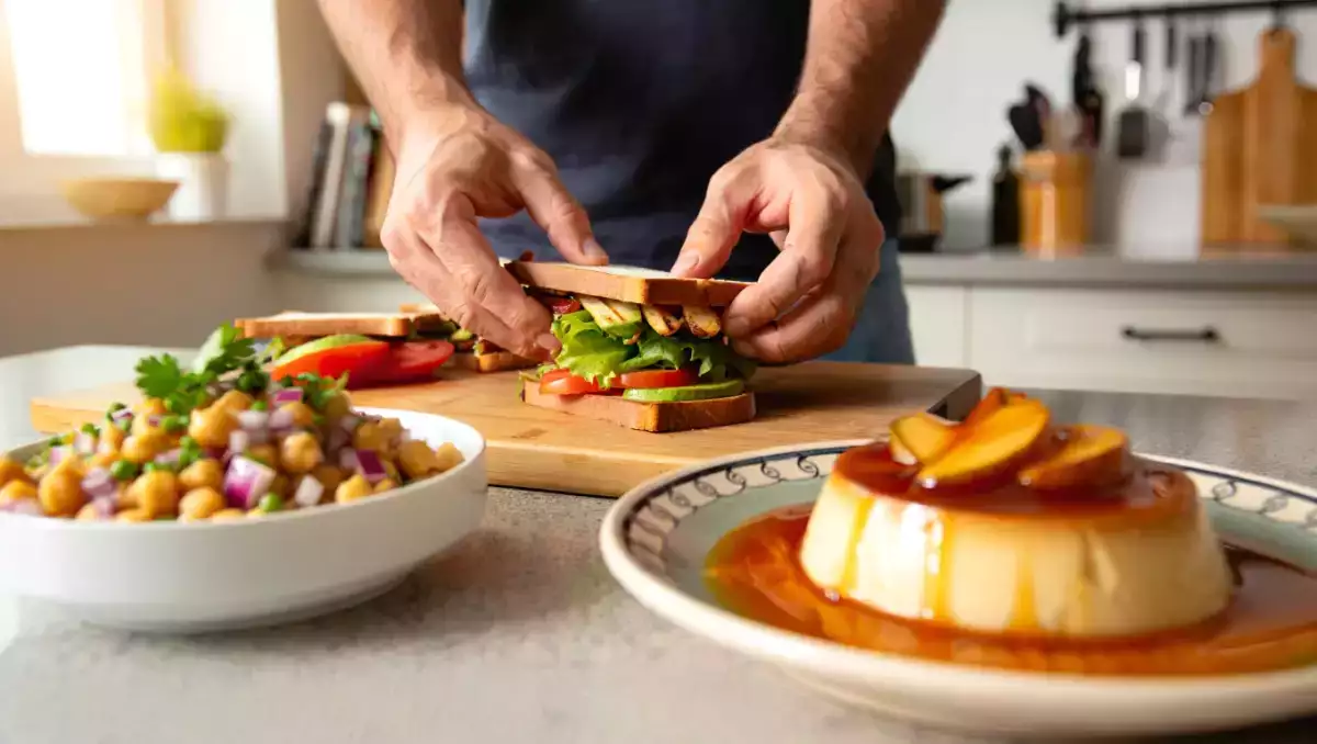 Menú vegetariano, 18 de julio: Ensalada de garbanzos, club sándwich y flan de manzana con caramelo