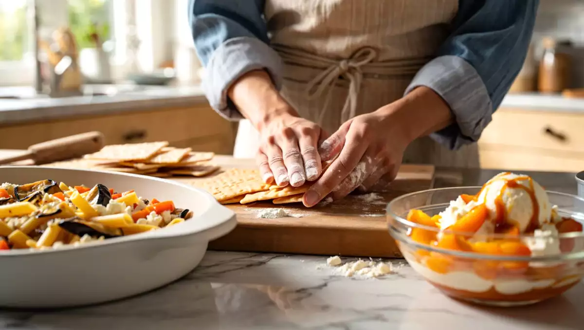 Menú vegetariano, 20 de julio: Crackers de romero caseras, pasta alla norma y melocotón melba