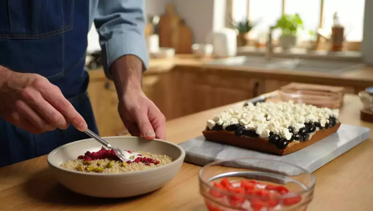 Menú vegetariano, 31 de julio: Sopa fría de sandía y tomate, cake salado de aceitunas y quinoa con leche, frutos rojos y pistachos