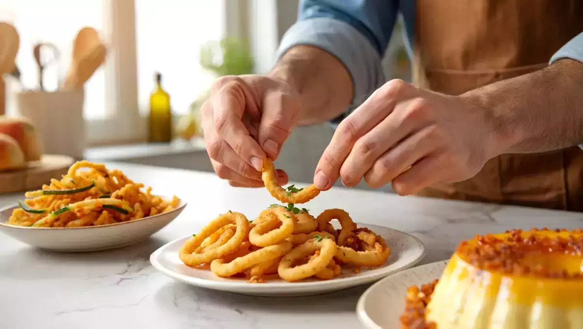 Menú diario, 24 de julio: chips de calabacín en tempura, calamares a la mediterránea y flan de huevo casero