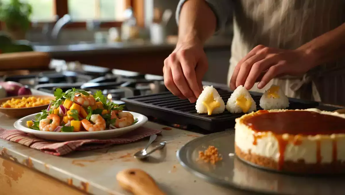 Menú diario, 5 de agosto: onigiri a la plancha, ensalada de gambas y cheesecake sin masa