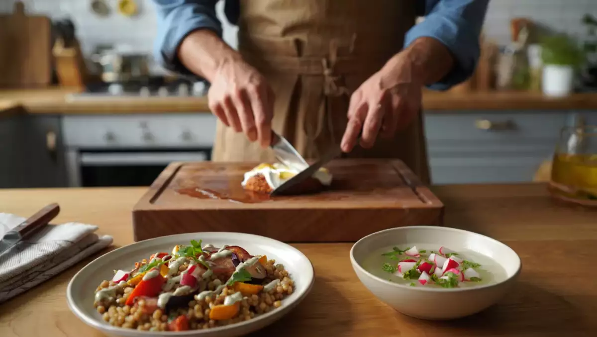 Menú vegetariano, 6 de agosto: Sopa fría de rábano, ensalada cremosa de espelta y lazos de crema