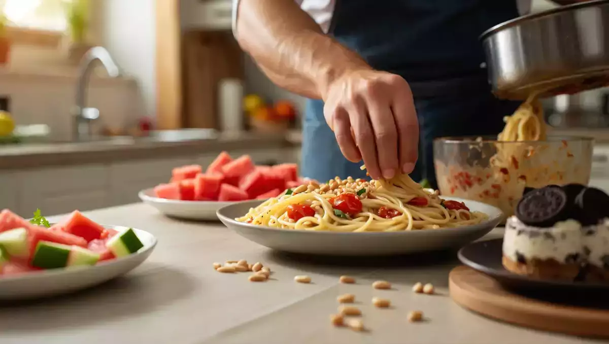 Menú vegetariano, 14 de agosto: Ensalada de sandía y pepino, espaguetis con tomate cherry y tarta helada de galletas