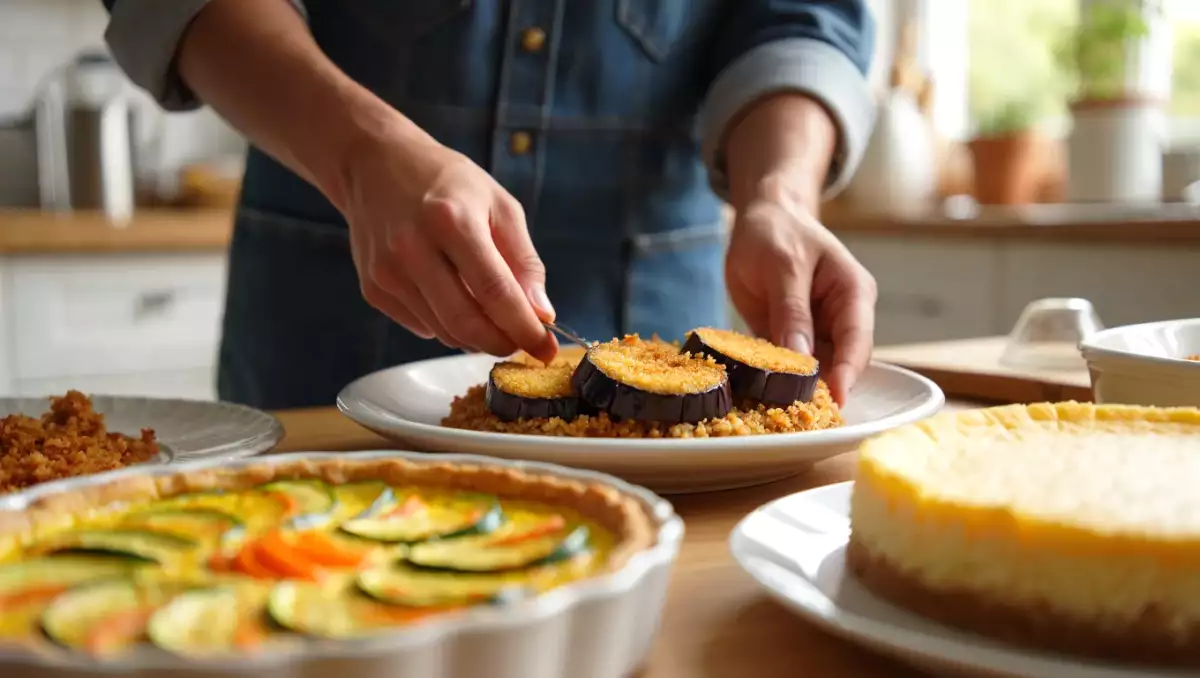 Menú diario, 25 de agosto: quiche floral, berenjena empanada y cheesecake japonés
