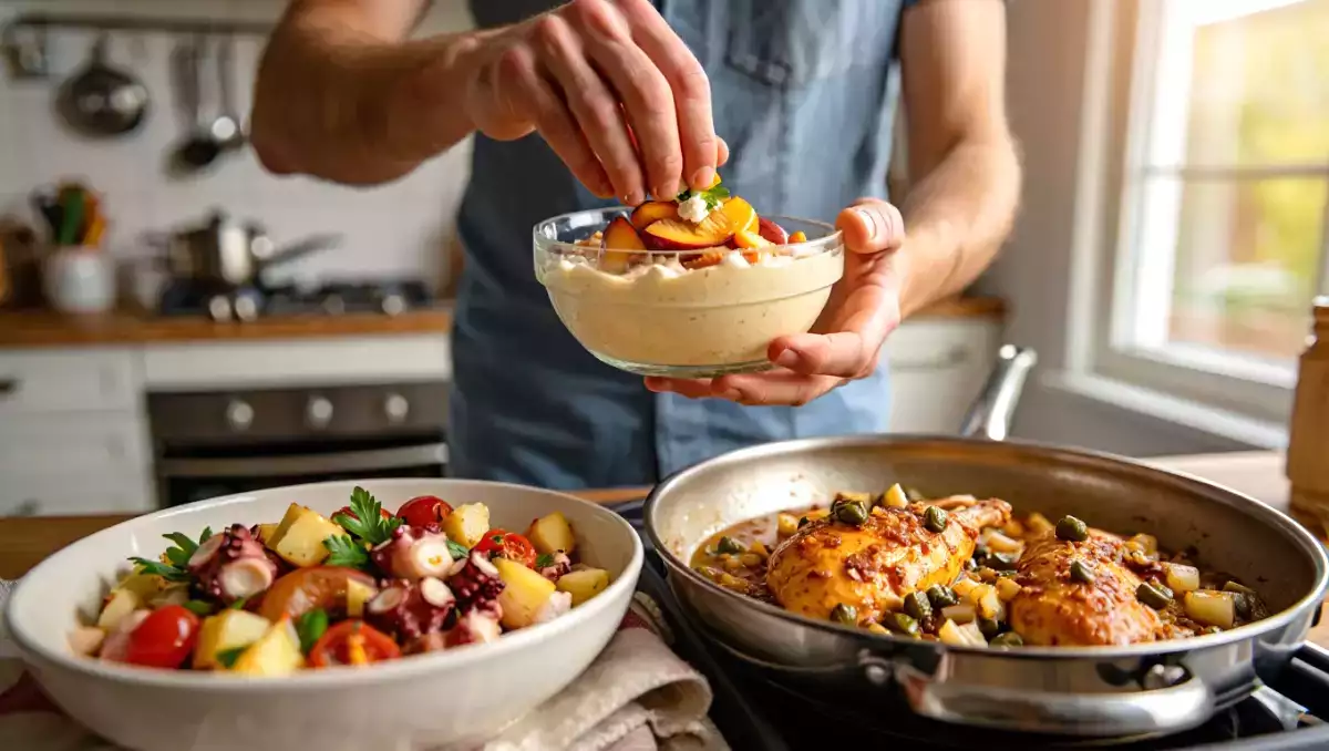 Menú diario, 29 de agosto: ensalada de pulpo, pollo con alcaparras y tiramisú de albaricoques asados