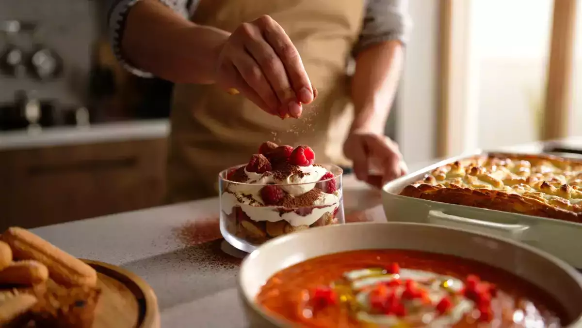 Menú vegetariano, 27 de agosto: Salmorejo de pimientos del piquillo, crinkle cake salado y tiramisú de frambuesas