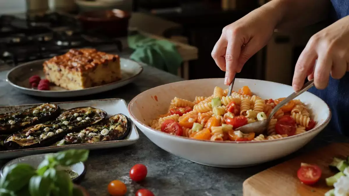 Menú diario, 4 de septiembre: berenjenas al horno, pasta fría con gazpacho y pastel de pan