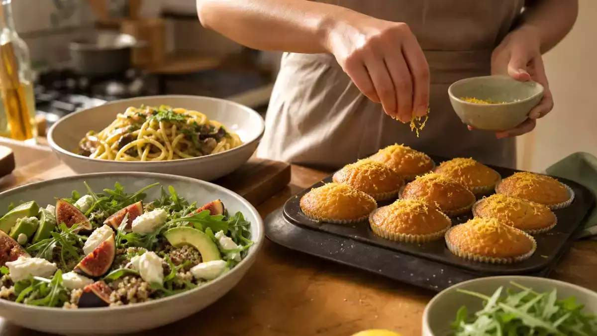 Menú diario, 14 de septiembre: ensalada agridulce, pasta umami y magdalenas de aceite de oliva