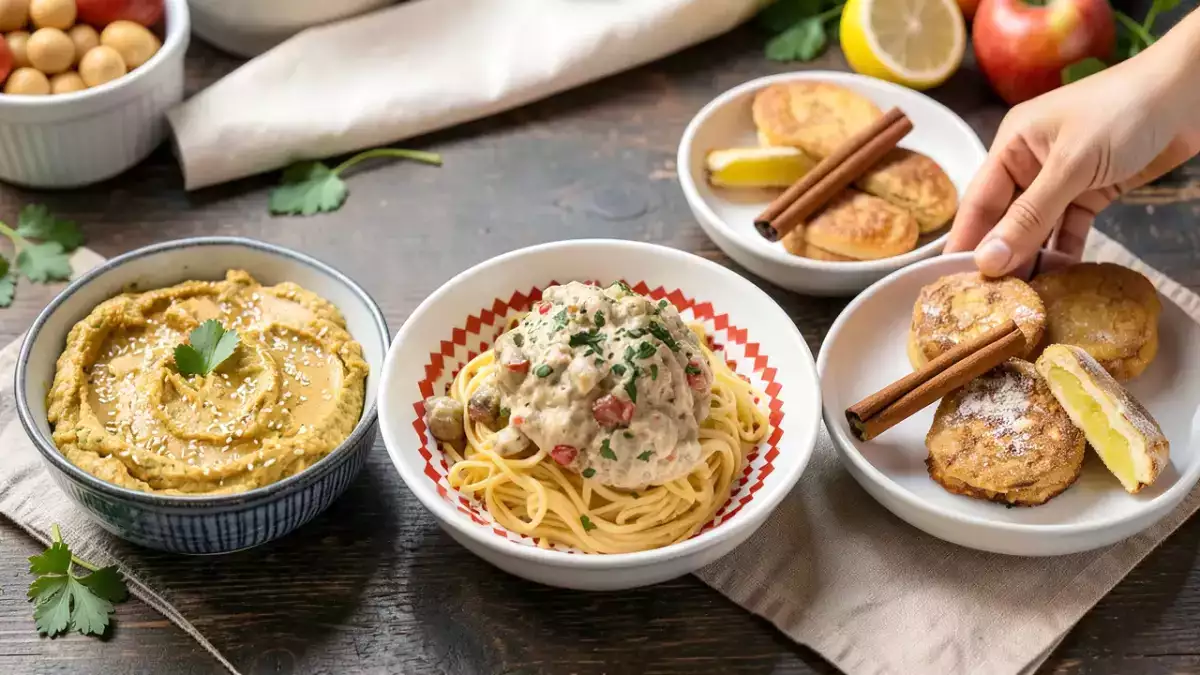 Menú diario, 17 de septiembre: hummus de zanahoria, espaguetis con carbonara de berenjena y pastelitos de manzana exprés