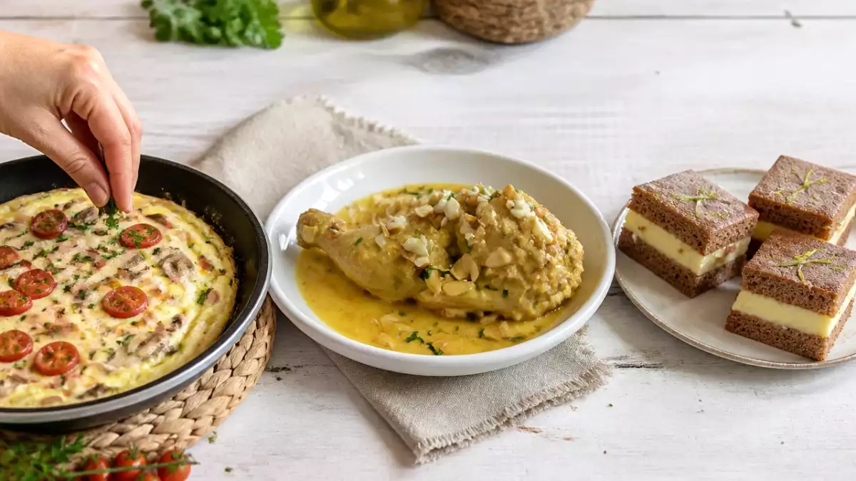 Menú diario, 30 de septiembre: frittata de gambas, pollito picantón en pepitoria y pionono de chocolate