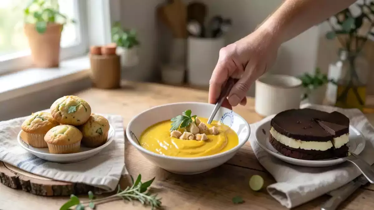 Menú vegetariano, 31 de agosto: Muffins de calabacín y queso, crema de calabaza y puerro y brownie bounty