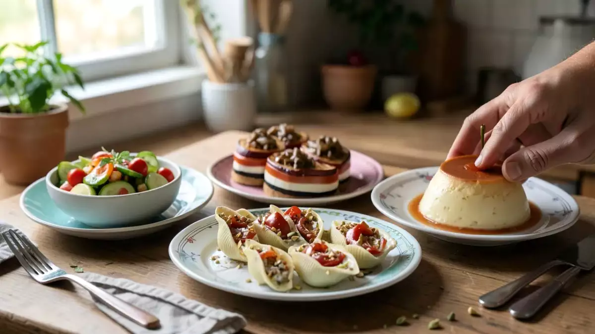 Menú vegetariano, 1 de septiembre: Milhojas de verdura y queso, conchiglioni rellenos y flan de huevo casero