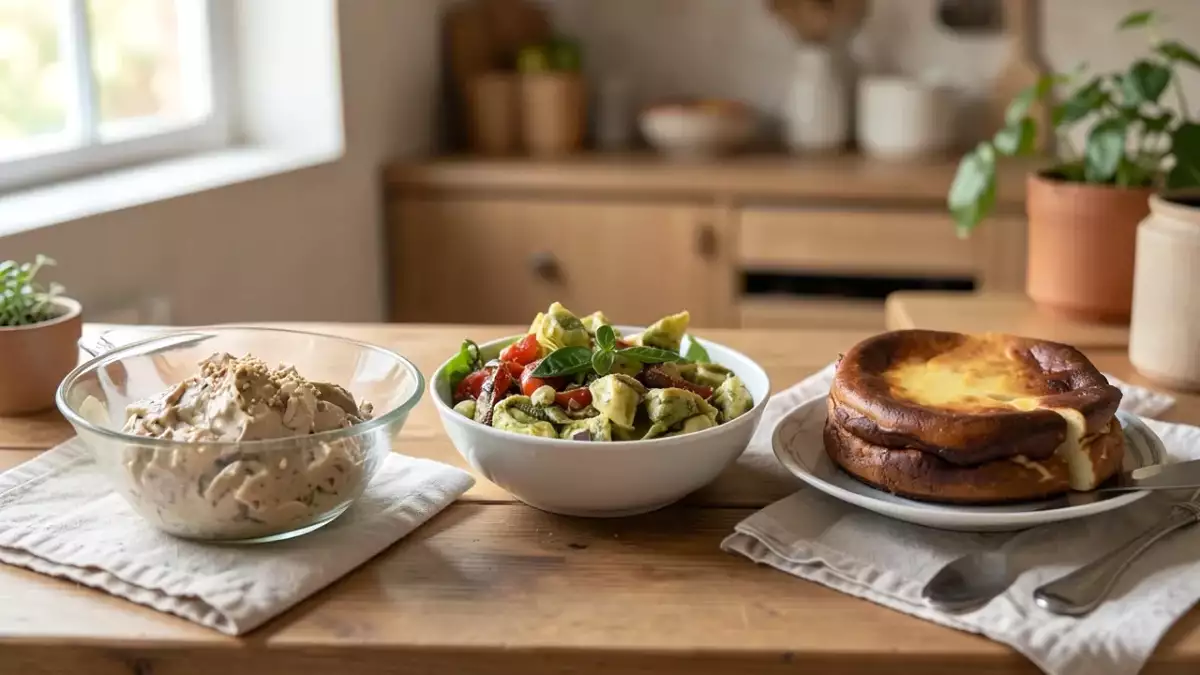 Menú vegetariano, 5 de septiembre: Crema de berenjenas, ensalada fría de tortellini y cheesecake sin masa