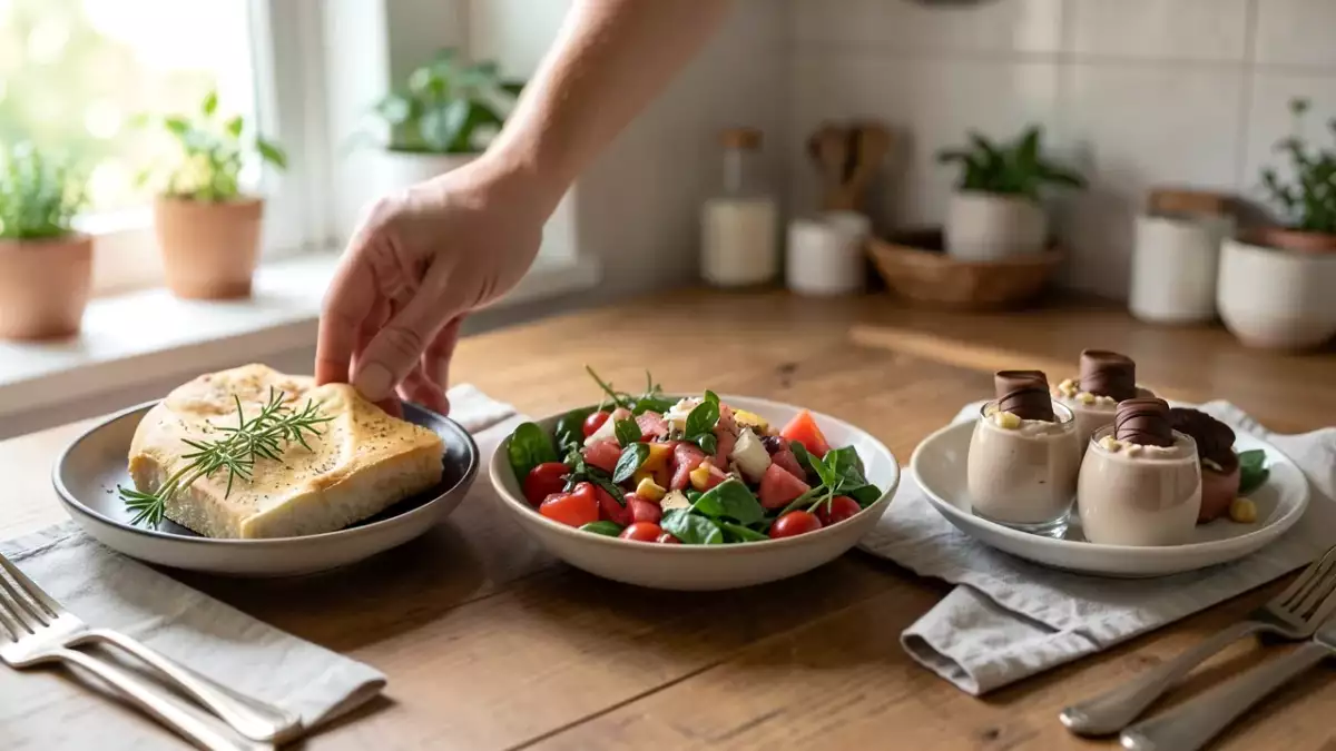 Menú vegetariano, 7 de septiembre: Focaccia italiana, ensalada con sandía, tomate y nectarina y vasitos kinder bueno
