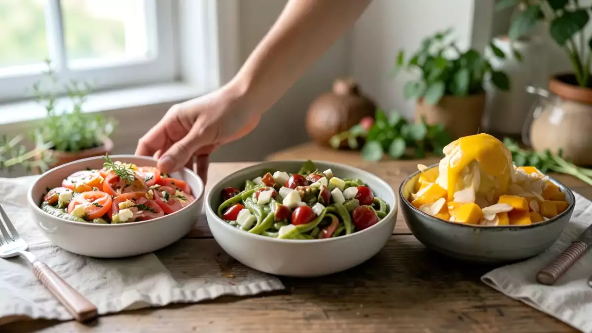 Menú vegetariano, 8 de septiembre: Tomate aliñado, ensalada de pasta con pesto y mango bingsu