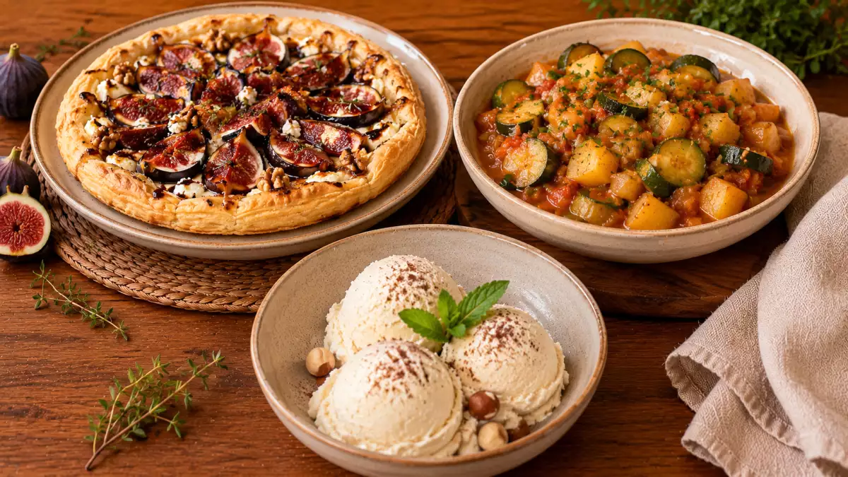 Menú vegetariano, 10 de septiembre: tarta salada de higos y queso de cabra, estofado de calabacín y patatas y helado de mascarpone