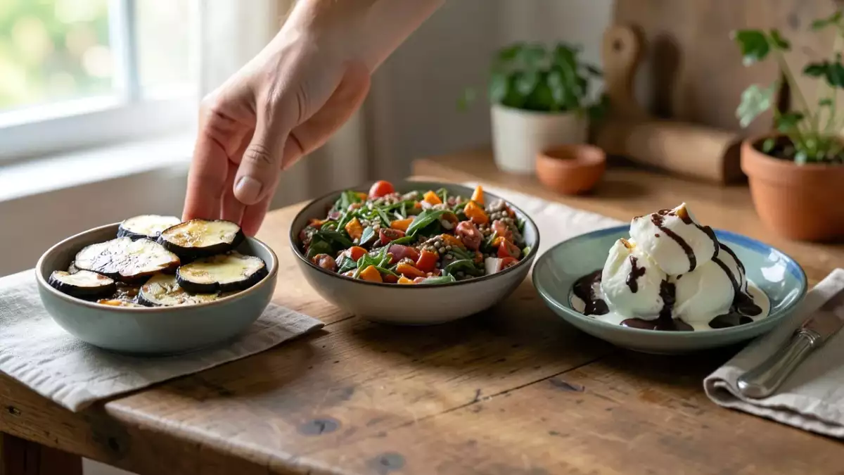 Menú vegetariano, 15 de septiembre: Berenjenas al horno con miel, ensalada de lentejas y dama blanca, helado de vainilla y chocolate