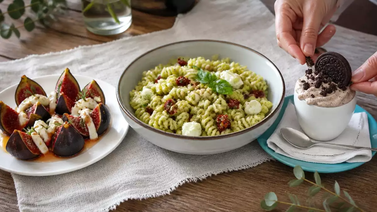 Menú vegetariano, 16 de septiembre: higos al horno, ensalada de pasta con pesto y mousse de oreo