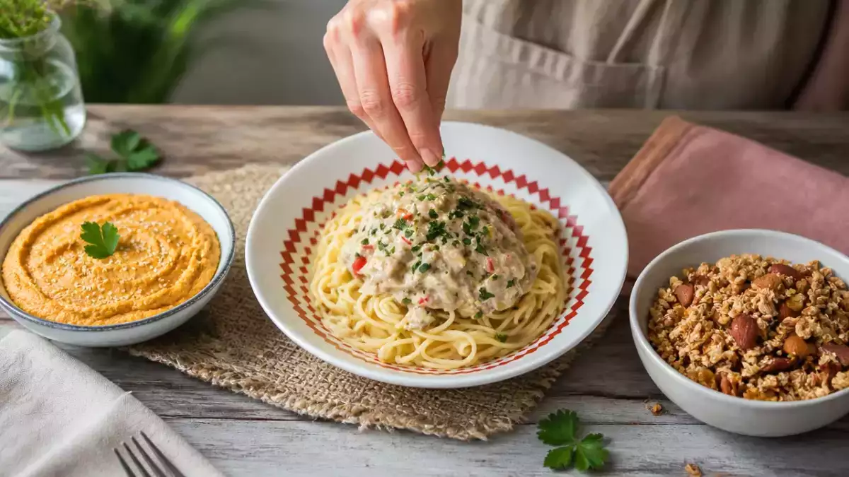 Menú vegetariano, 24 de septiembre: Hummus de zanahoria, espaguetis con carbonara de berenjena y muesli casero