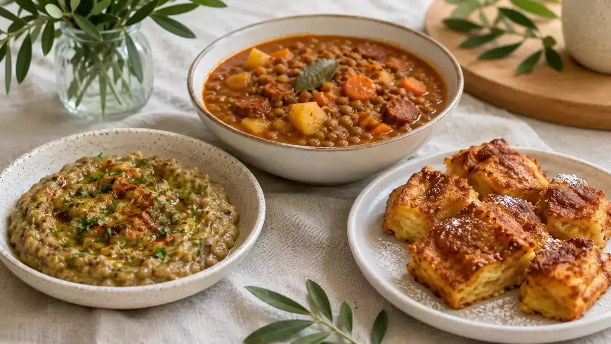 Menú vegetariano, 27 de septiembre: Caviar de berenjena, guiso de lentejas y pan perdido de croissants al horno