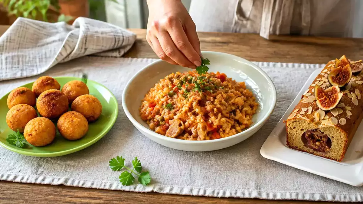 Menú vegetariano, 28 de septiembre: Bolitas de puré de patata, arroz con tomate y champiñones y bizcocho de higos y almendras