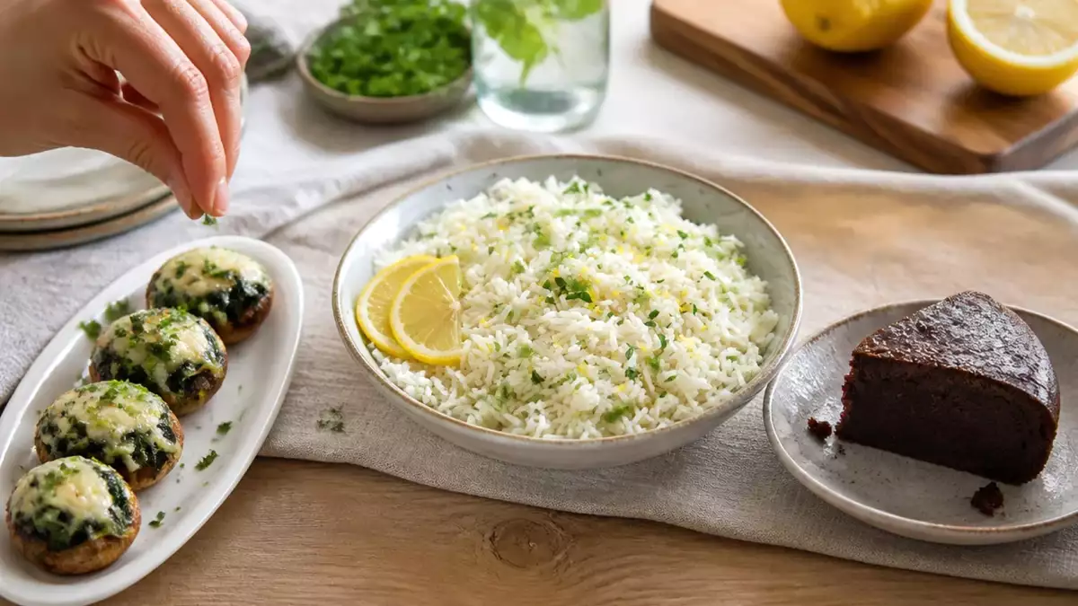 Menú vegetariano, 29 de septiembre: Champiñones rellenos, arroz al limón y fondant de chocolate proteico
