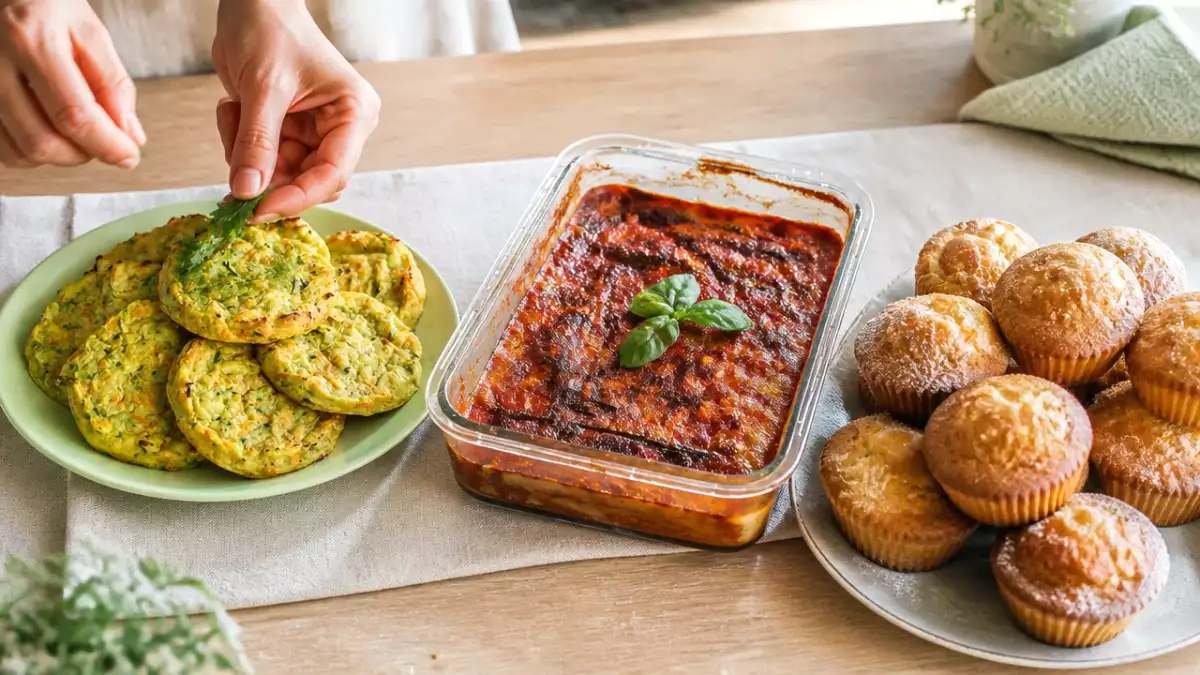Menú vegetariano, 3 de octubre: medallones de verdura, parmigiana de calabacín y magdalenas de aceite de oliva