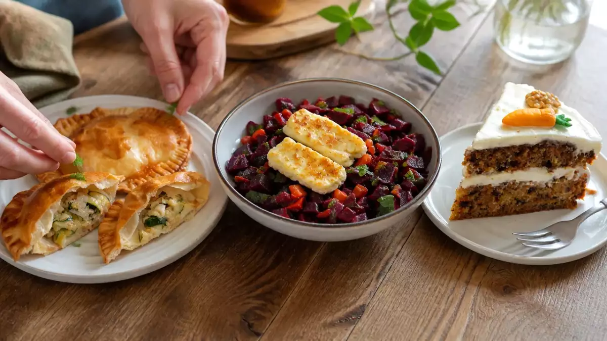 Menú vegetariano, 14 de octubre: Empanadillas con calabacín, ensalada de remolacha con halloumi y carrot cake