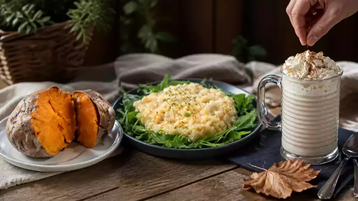 Menú vegetariano, 16 de octubre: Boniato asado al microondas, risotto cuatro quesos y pumpkin spice latte