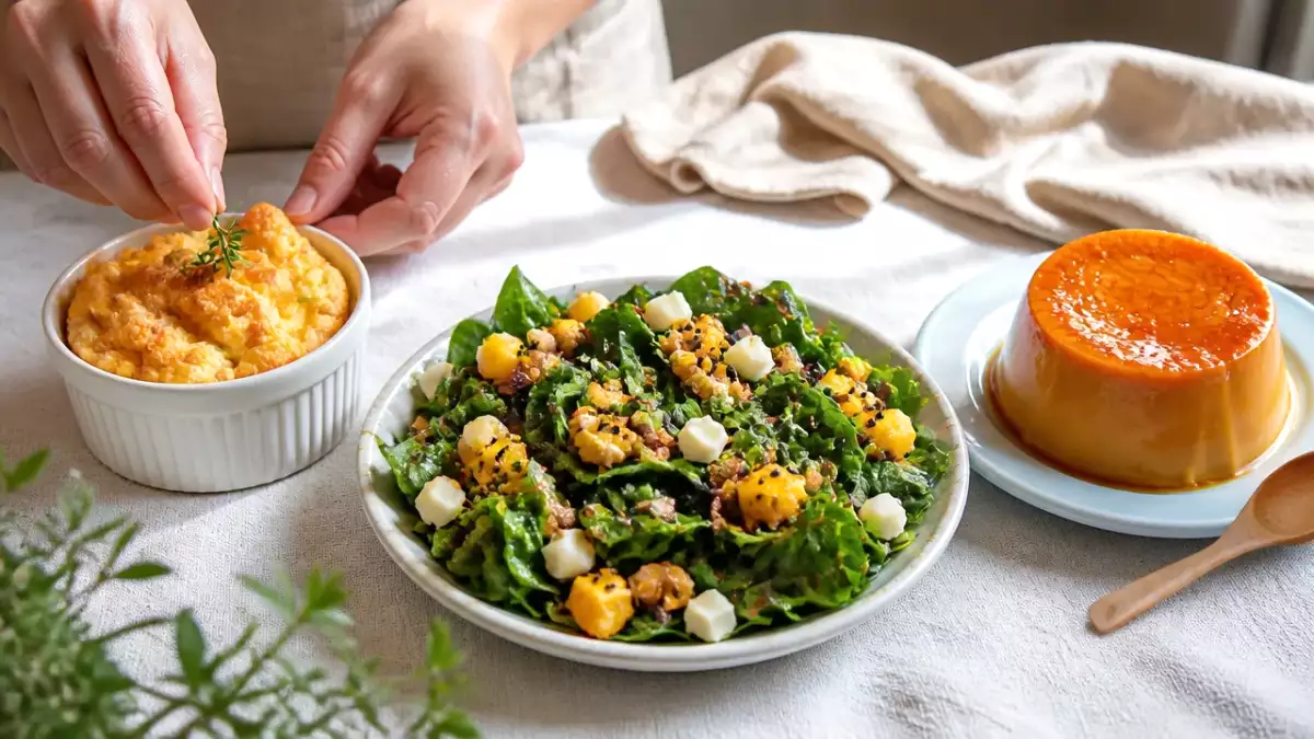 Menú vegetariano, 17 de octubre: Soufflé de queso emmental, ensalada de espinacas con queso y mango y flan de calabaza