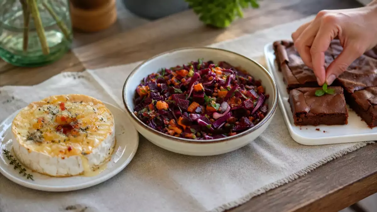 Menú vegetariano, 18 de octubre: Camembert al horno con miel y tomillo, ensalada de lentejas y pastel de chocolate y calabaza