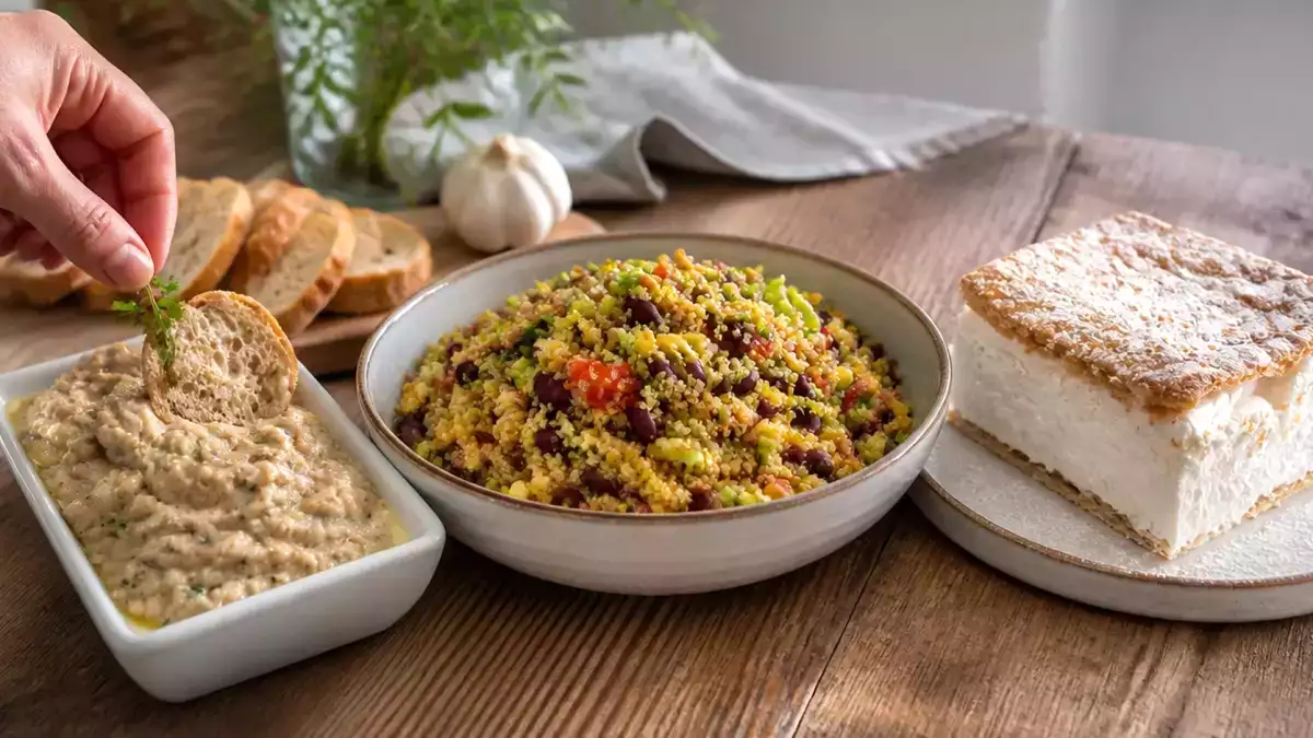 Menú vegetariano, 22 de octubre: Paté de berenjena, ensalada proteica de quinoa y milhojas de merengue