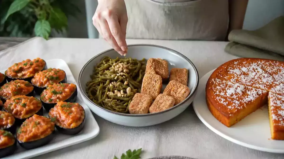 Menú vegetariano, 24 de octubre: Berenjenas con tomate y ajo, nuggets de tofu y pastel de batata y coco