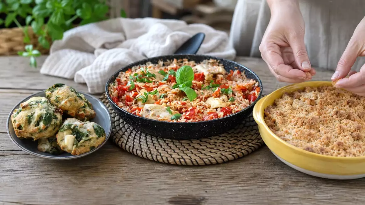 Menú diario, 8 de octubre: galletas saladas de feta, arroz con pollo y crumble de manzana