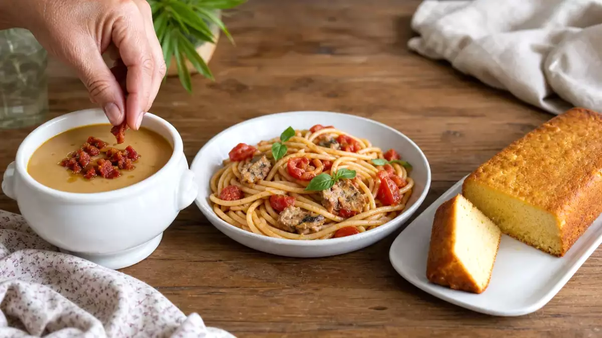 Menú diario, 10 de octubre: sopa de castañas y calabaza, espaguetis con sardinas y bizcocho de leche condensada