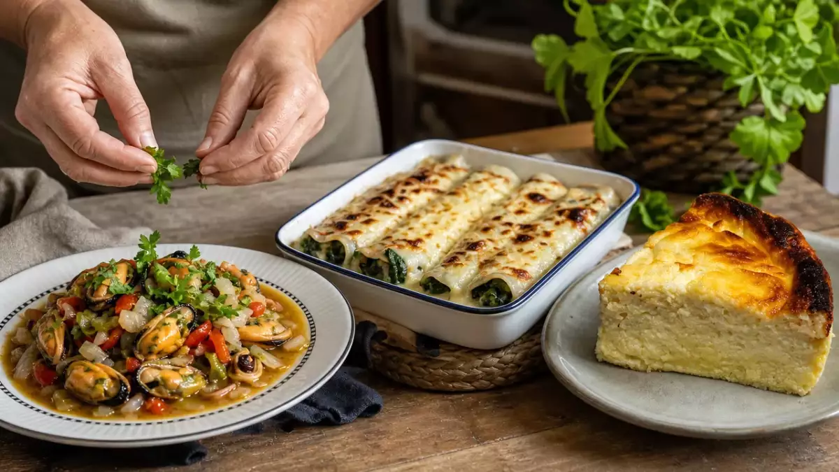Menú diario, 11 de octubre: aperitivo de mejillones, canelones de acelgas y tarta de queso fresco