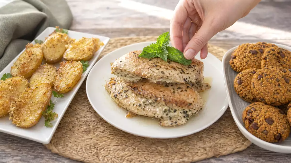 Menú diario, 28 de octubre: patatas crujientes, pollo con queso de cabra y galletas veganas de calabaza
