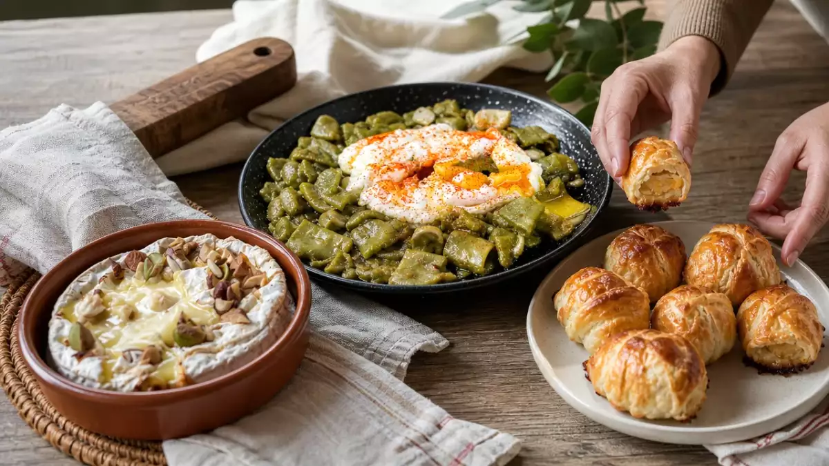 Menú diario, 29 de octubre: camembert al horno, habas tiernas y mini croissants de cabello de ángel