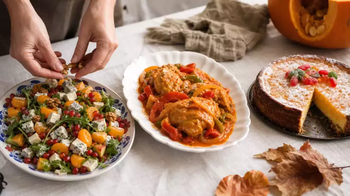 Menú diario, 30 de octubre: ensalada de granada, pollo al chilindrón y pastel de calabaza