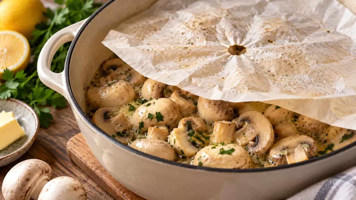 ¿Por qué algunos cocineros franceses ponen un círculo de papel de horno sobre los champiñones?