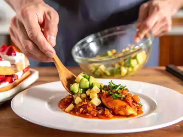 Menú del día, 29 de mayo: ensalada refrescante, pollo en salsa y tarta de fresas