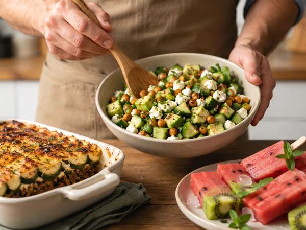 Menú diario, 9 de julio: ensalada fresca, moussaka deliciosa y polos de fruta