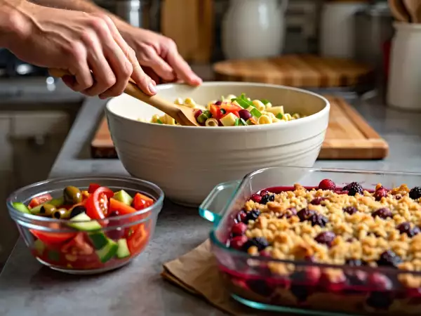 Menú vegetariano, 7 de julio: ensalada marroquí, pasta colorida y tarta crumble de frutos rojos