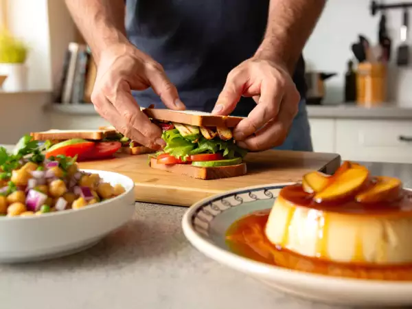 Menú vegetariano, 18 de julio: Ensalada de garbanzos, club sándwich y flan de manzana con caramelo