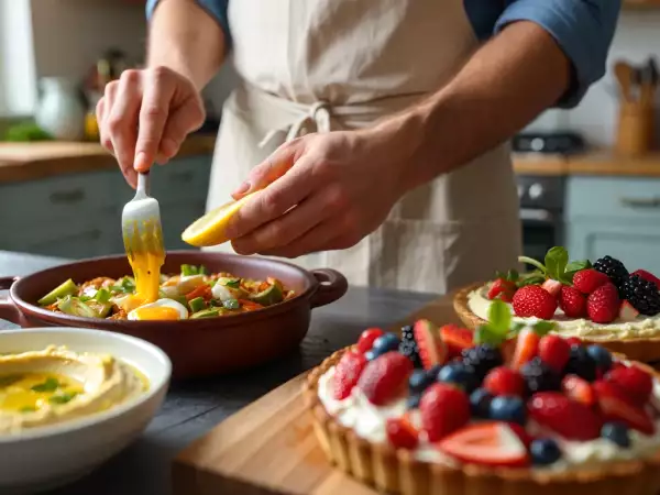 Menú vegetariano, 23 de julio: Hummus con limón encurtido, pisto de berenjena y tarta de frutos rojos
