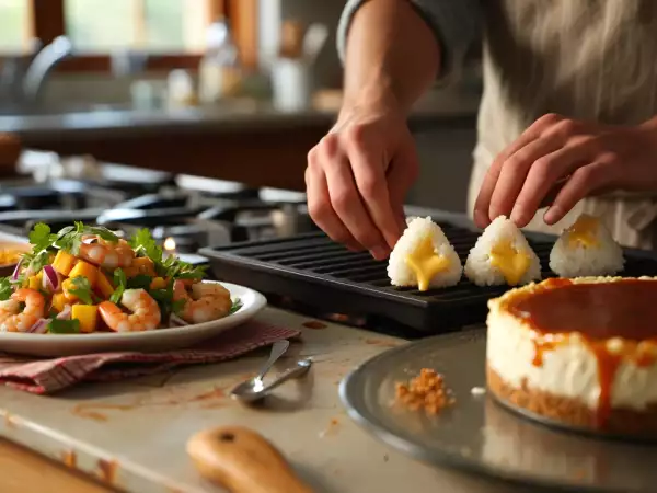 Menú diario, 5 de agosto: onigiri a la plancha, ensalada de gambas y cheesecake sin masa