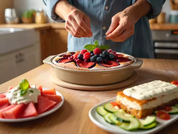 Menú diario, 6 de agosto: carpaccio de sandía, pastel frío de palitos de cangrejo y plum-cake de frutas del bosque